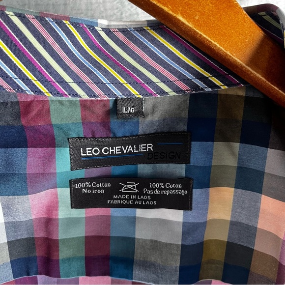 Leo Chevalier Men L Shirt Vtg Plaid Check Colorful Light Cotton No Iron Button - Picture 9 of 16